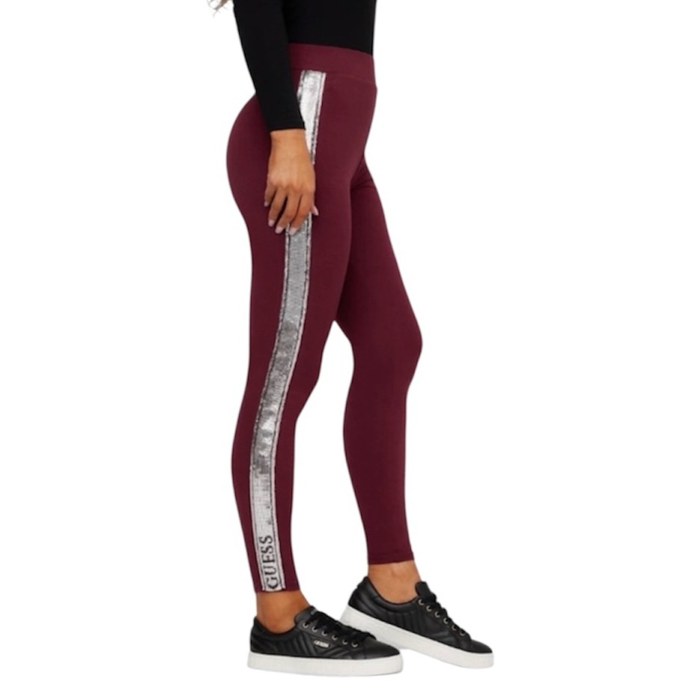 Guess Burgundy Mystic Wine Sequin Logo Side Stripe Bling Leggings Women Sz Small